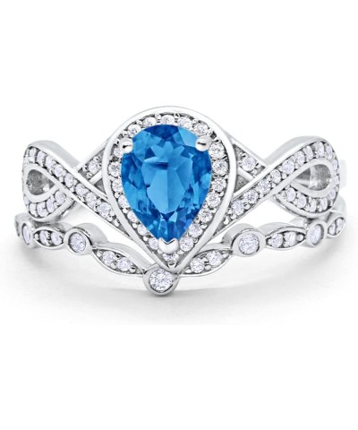 Teardrop Bridal Set Art Deco Wedding Engagement Ring Band 925 Sterling Silver Pear Round CZ Simulated Blue Topaz CZ $19.50 Sets