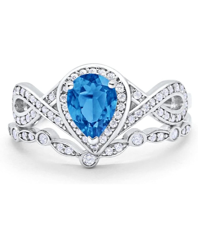 Teardrop Bridal Set Art Deco Wedding Engagement Ring Band 925 Sterling Silver Pear Round CZ Simulated Blue Topaz CZ $19.50 Sets