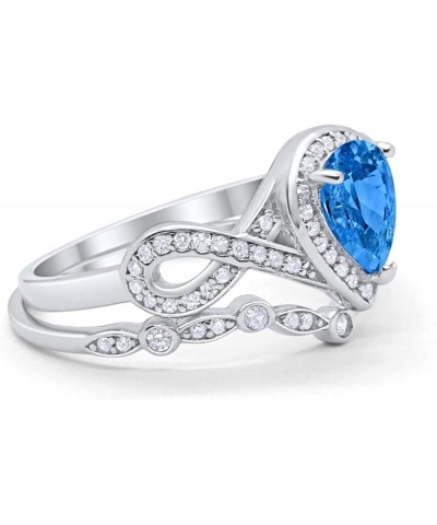 Teardrop Bridal Set Art Deco Wedding Engagement Ring Band 925 Sterling Silver Pear Round CZ Simulated Blue Topaz CZ $19.50 Sets