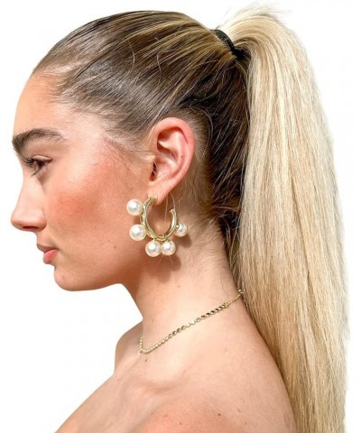 Gio Large Off White Pearl Studded Statement Hoop Earrings in Shiny Polished 18k Gold Plated $50.60 Earrings