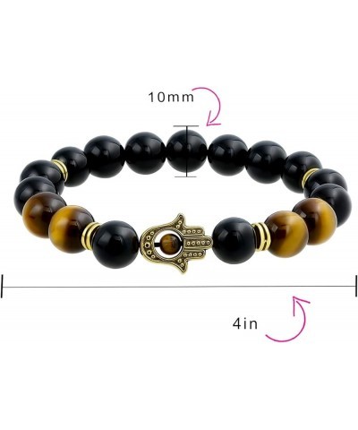 Unisex Talisman Amulet Stackable Gemstones Tiger Eye, New Jade, Serpentine, Black Lava Rock Hamsa Hand Stretch Bracelet for W...