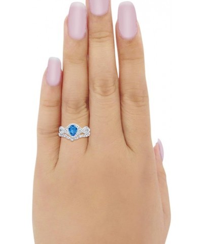 Teardrop Bridal Set Art Deco Wedding Engagement Ring Band 925 Sterling Silver Pear Round CZ Simulated Blue Topaz CZ $19.50 Sets