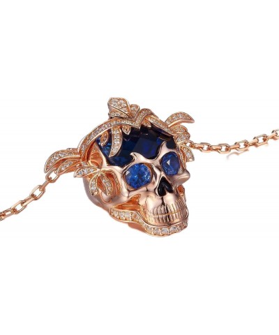 18k Rose Gold Gothic Women Skull Necklace With Sapphire/Celtic Skull Head Necklace/Skeleton Face Necklace/Crystal Skull Neckl...