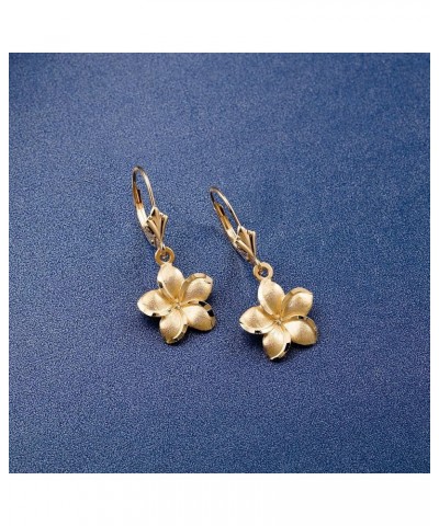 14K Solid Yellow Gold Hawaiian Plumeria Flower Earrings Dangle Leverback, Nickel Free Hypoallergenic for Sensitive Skin, For ...