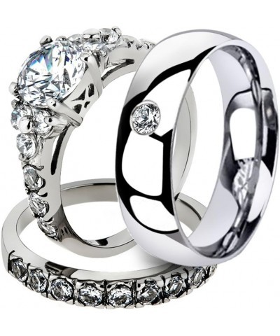 His and Her 3 Piece Stainless Steel 2.50 Carat Cubic Zirconia Bridal Set and Men's Wedding Band Women's Size 08 Men's Size 07...