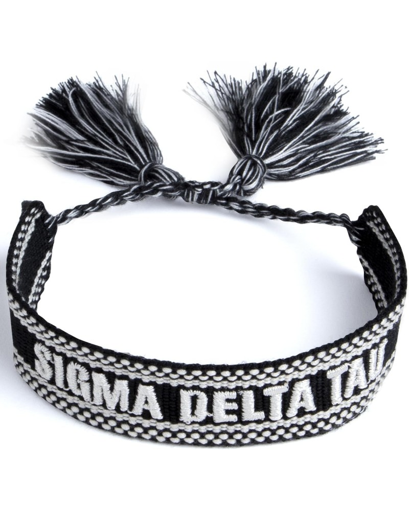 Sigma Delta Tau Bracelet — Woven Bracelet, Black and White Design with SDT Sorority Name and Tassels, Greek Sorority Jewelry ...