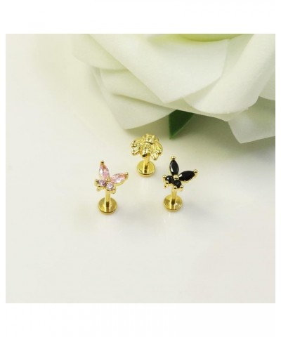 2~4PCS 16G 316L Pushin Lip Rings Butterfly and Bee Nose Stud Rings Top Push in Threadless Surgical Steel Flat Back Nose Rings...