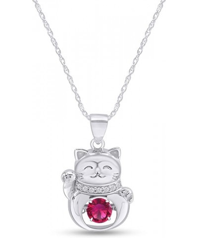 Simulated Birthstones & Sparkling White Cubic Zirconia Happy Cat Pendant Necklace in 925 Sterling Silver 18" Chain Simulated ...