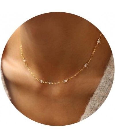 18K Gold Plated Dainty Necklaces for Women, Trendy Herringbone Gold Choker Necklace, Simple Layered Diamond Necklaces for Tee...