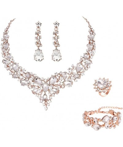 Bridal Austrian Crystal Necklace and Earrings Jewelry Set Gifts fit with Wedding Dress 15-4Pcs/Set-Clear-Rose Gold Tone $15.1...