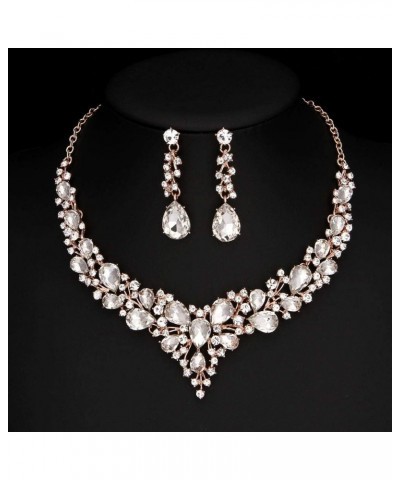 Bridal Austrian Crystal Necklace and Earrings Jewelry Set Gifts fit with Wedding Dress 15-4Pcs/Set-Clear-Rose Gold Tone $15.1...