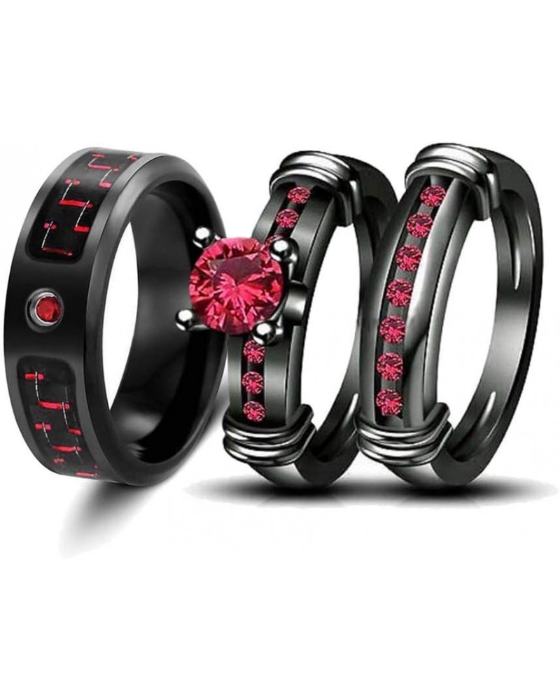 3pc His Hers Wedding Ring Sets Couples Rings Women's 2pc Black Gold Filled Red Ruby CZ Wedding Engagement Ring Bridal Sets & ...