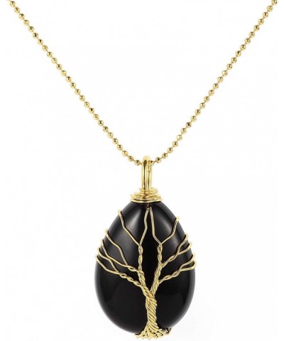 Tree of Life Obsidian Teardrop Pendant Necklace Natural Gemstone Healing Crystal Chakra Jewelry for Men Woman $8.25 Necklaces