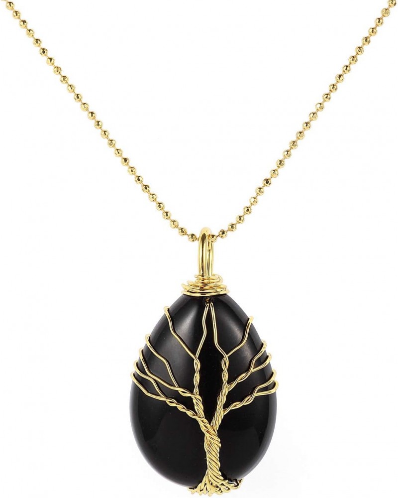 Tree of Life Obsidian Teardrop Pendant Necklace Natural Gemstone Healing Crystal Chakra Jewelry for Men Woman $8.25 Necklaces