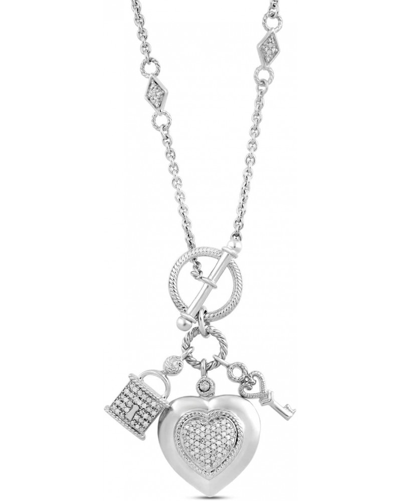 Heart Shape Necklace Pendant with Natural White Round Diamonds, Lock and Key Charms 18 inch Cable Chain $61.50 Necklaces