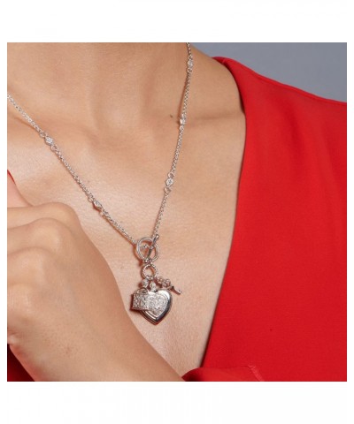 Heart Shape Necklace Pendant with Natural White Round Diamonds, Lock and Key Charms 18 inch Cable Chain $61.50 Necklaces