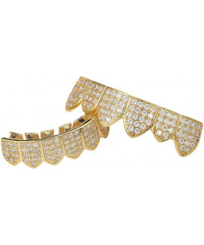 18k Gold Plated All Iced Out Luxury Cubic Zirconia CZ Teeth Grillz Set Top & Bottom Grill Removable Hip Hop Halloween Party G...