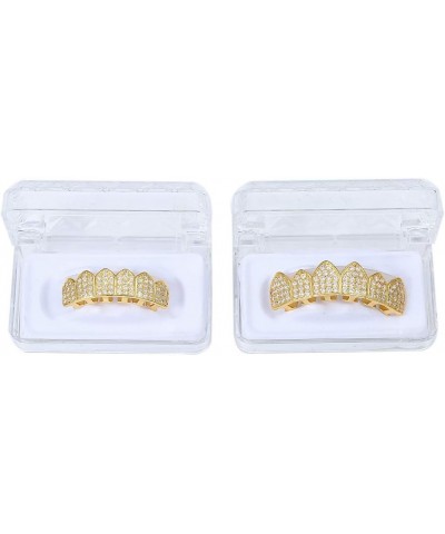 18k Gold Plated All Iced Out Luxury Cubic Zirconia CZ Teeth Grillz Set Top & Bottom Grill Removable Hip Hop Halloween Party G...