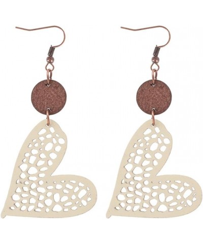 New Valentine's Day Jewelry Round Wooden Chip Heart Hollow Mesh Leather Women's Earrings White $5.19 Earrings