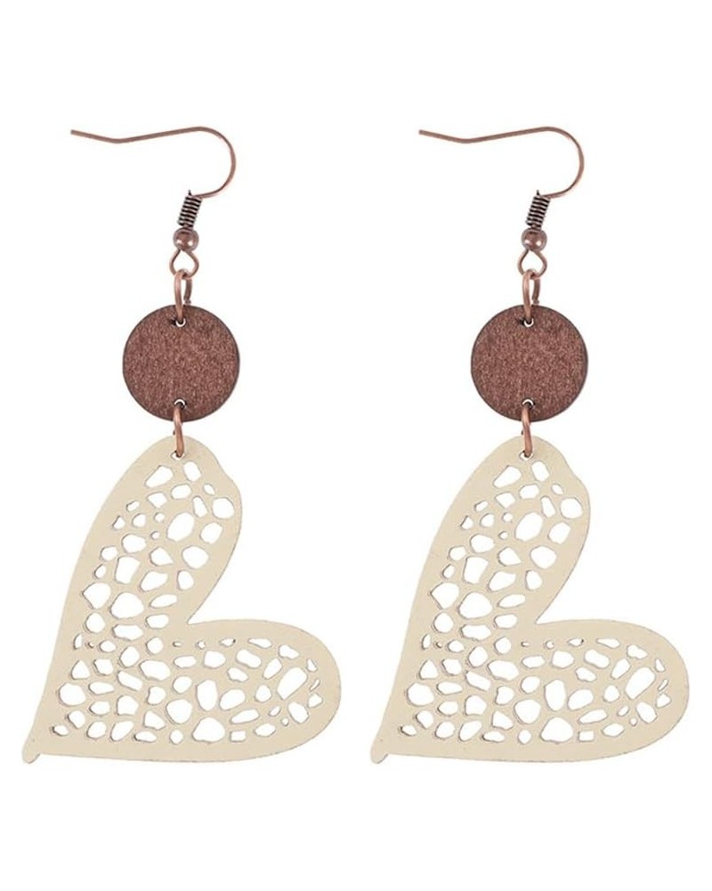 New Valentine's Day Jewelry Round Wooden Chip Heart Hollow Mesh Leather Women's Earrings White $5.19 Earrings