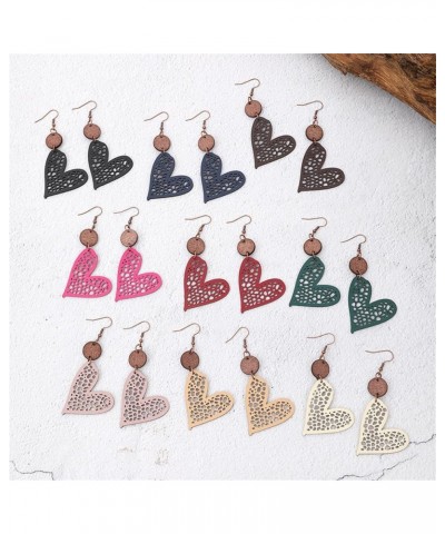 New Valentine's Day Jewelry Round Wooden Chip Heart Hollow Mesh Leather Women's Earrings White $5.19 Earrings