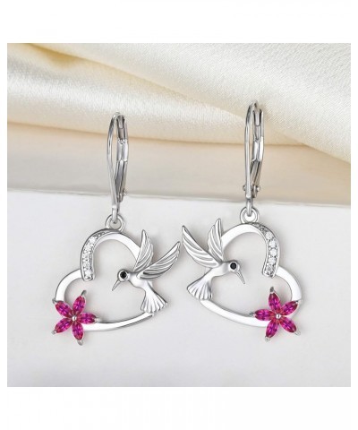 Hummingbird Heart Earrings Sterling Silver Flowers Dangle Drop Earrings Birthstones Leverback Jewelry for Women 07-ruby-Jul $...