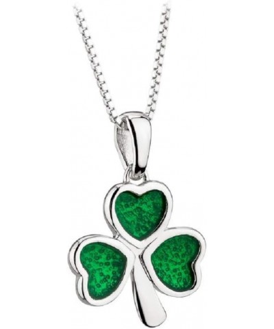 Shamrock Sterling Silver Green Enamel Charm Necklace, Sturdy 18" Box Chain, Lucky Irish Gift, Celtic Jewelry, Imported from I...