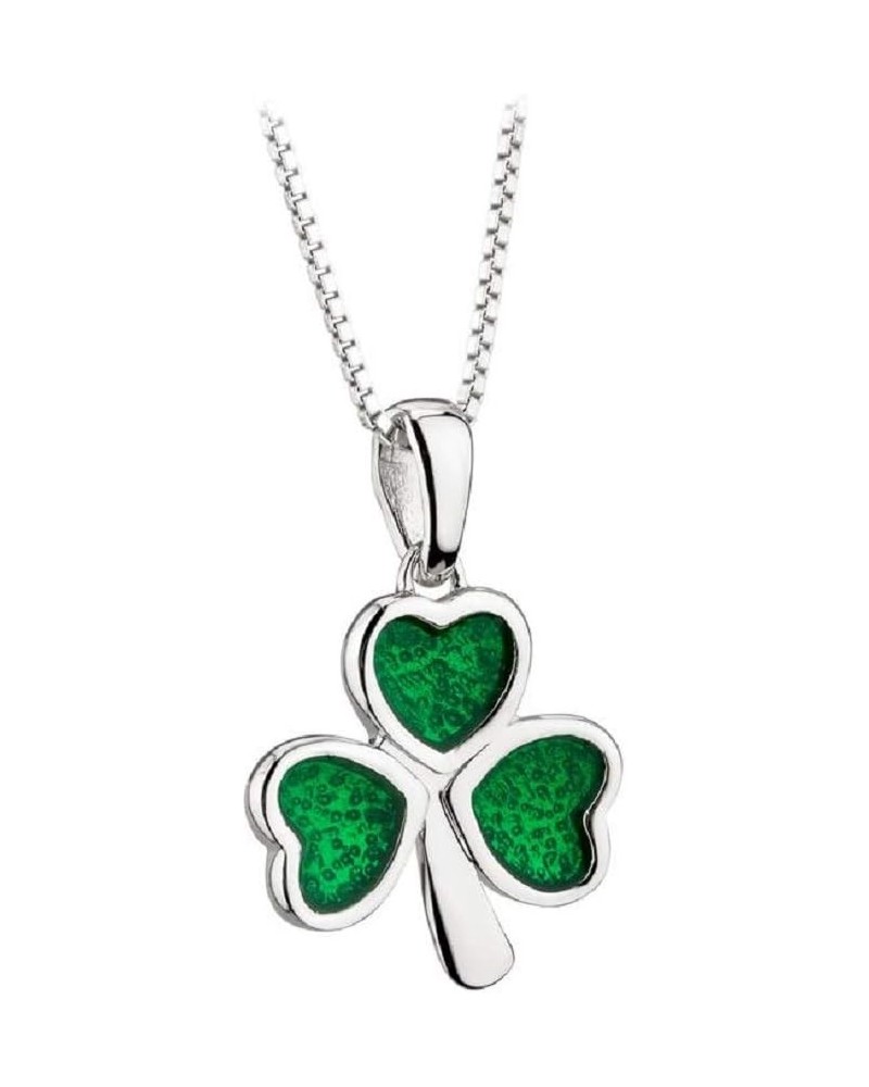 Shamrock Sterling Silver Green Enamel Charm Necklace, Sturdy 18" Box Chain, Lucky Irish Gift, Celtic Jewelry, Imported from I...