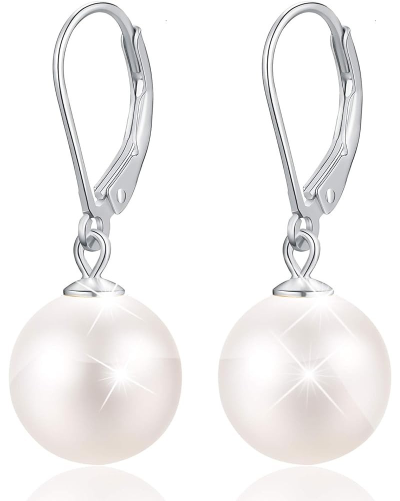 925 Sterling Shell Pearl Silver Earrings 6-12mm Handpicked White Shell Pearl Drop Leverback Earrings for Women and Girls whit...