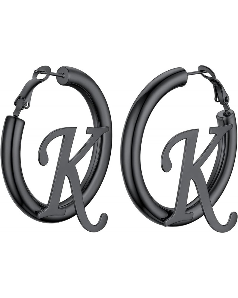 Womens Chunky Hoop Earrings, Stainless Steel Custom Initial Earrings, Black/18K Real Gold Plated, Hypoallergenic, Size: 40mm,...