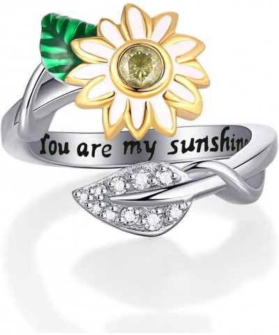 You are My Sunshine Sunflower Enameled CZ Heart Stainless Steel Ring Promise Eternity Band Cocktail Party Rings Adjustable Si...