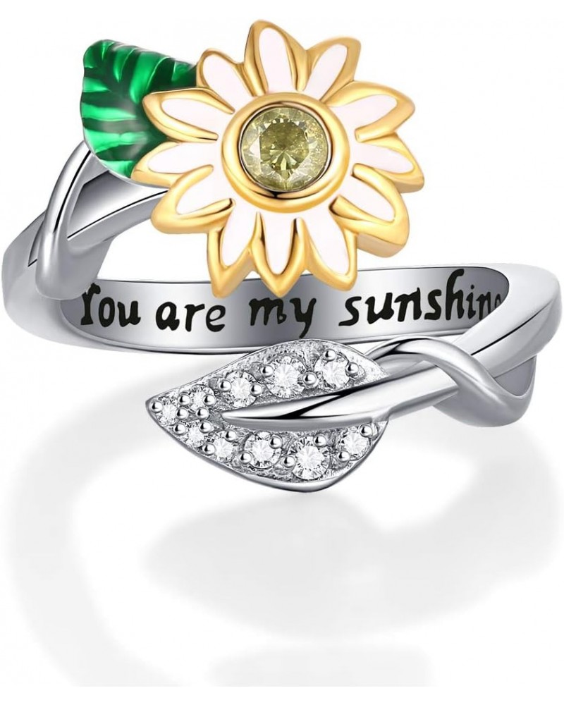 You are My Sunshine Sunflower Enameled CZ Heart Stainless Steel Ring Promise Eternity Band Cocktail Party Rings Adjustable Si...