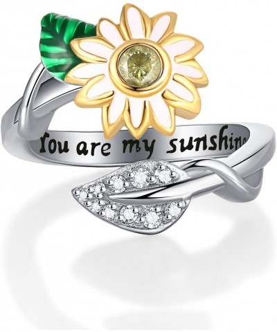 You are My Sunshine Sunflower Enameled CZ Heart Stainless Steel Ring Promise Eternity Band Cocktail Party Rings Adjustable Si...