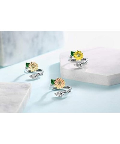 You are My Sunshine Sunflower Enameled CZ Heart Stainless Steel Ring Promise Eternity Band Cocktail Party Rings Adjustable Si...