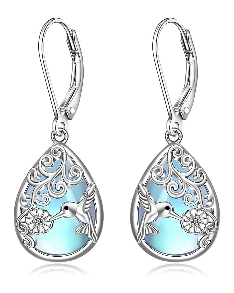 Hummingbird Earrings for Women Sterling Silver Blue Filigree Moonstone Earrings Teardrop Dangle Cute Animal Hummingbird Studs...