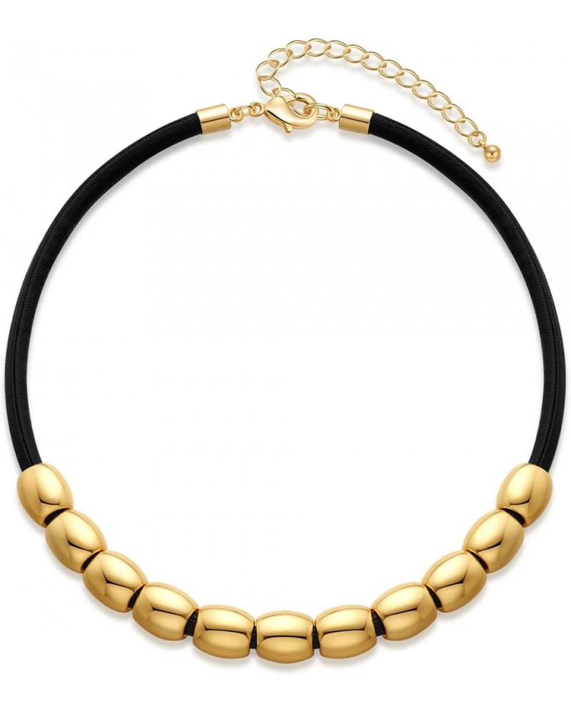 Black Faux Leather Choker Necklace with Gold Beads Tribe Collar Necklace for Women $8.09 Necklaces