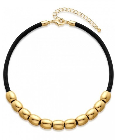 Black Faux Leather Choker Necklace with Gold Beads Tribe Collar Necklace for Women $8.09 Necklaces