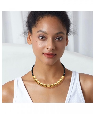 Black Faux Leather Choker Necklace with Gold Beads Tribe Collar Necklace for Women $8.09 Necklaces