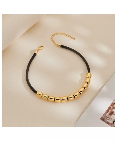 Black Faux Leather Choker Necklace with Gold Beads Tribe Collar Necklace for Women $8.09 Necklaces