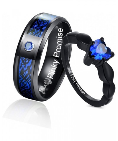 MZZJ Personalized His Hers Couple Rings Men's 8MM Celtic Dragon Pattern & Women's Blue Heart Shape Cubic Zirconia Black Stain...