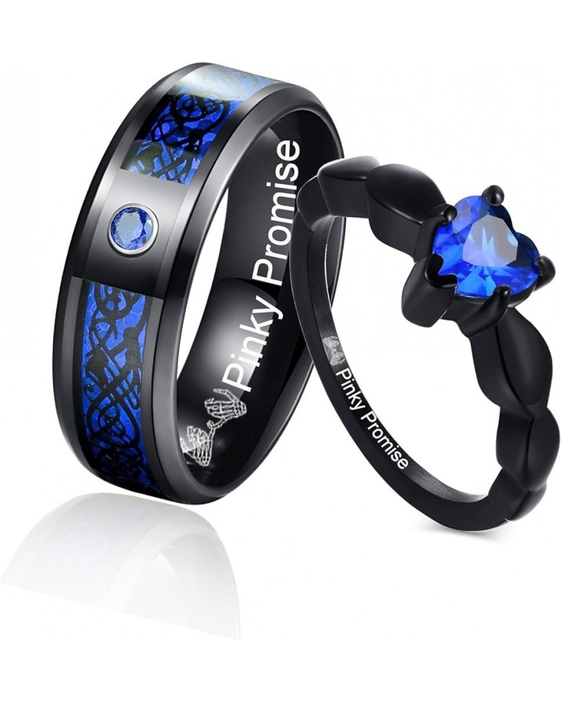 MZZJ Personalized His Hers Couple Rings Men's 8MM Celtic Dragon Pattern & Women's Blue Heart Shape Cubic Zirconia Black Stain...