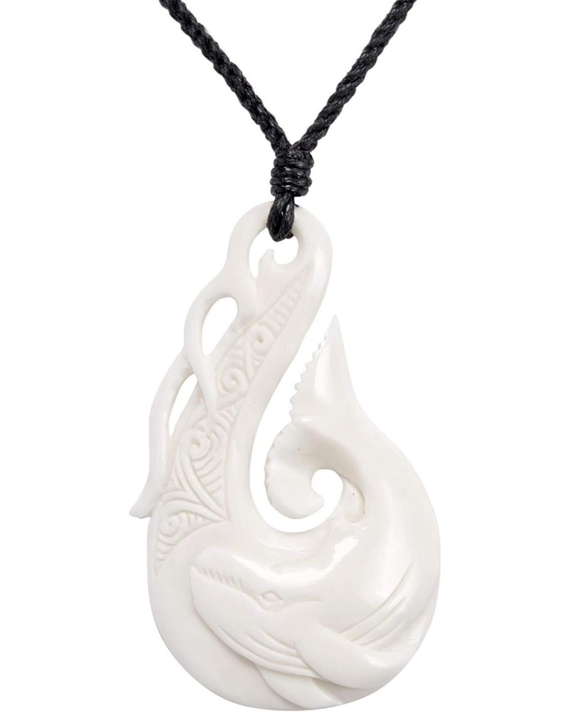 Women's Men's Hand Carved Bone Sea Waves Maori Hei Matau Hook Whale Pendant Necklace $23.58 Necklaces