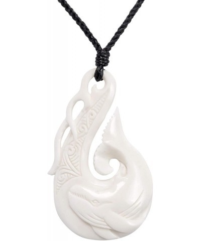 Women's Men's Hand Carved Bone Sea Waves Maori Hei Matau Hook Whale Pendant Necklace $23.58 Necklaces