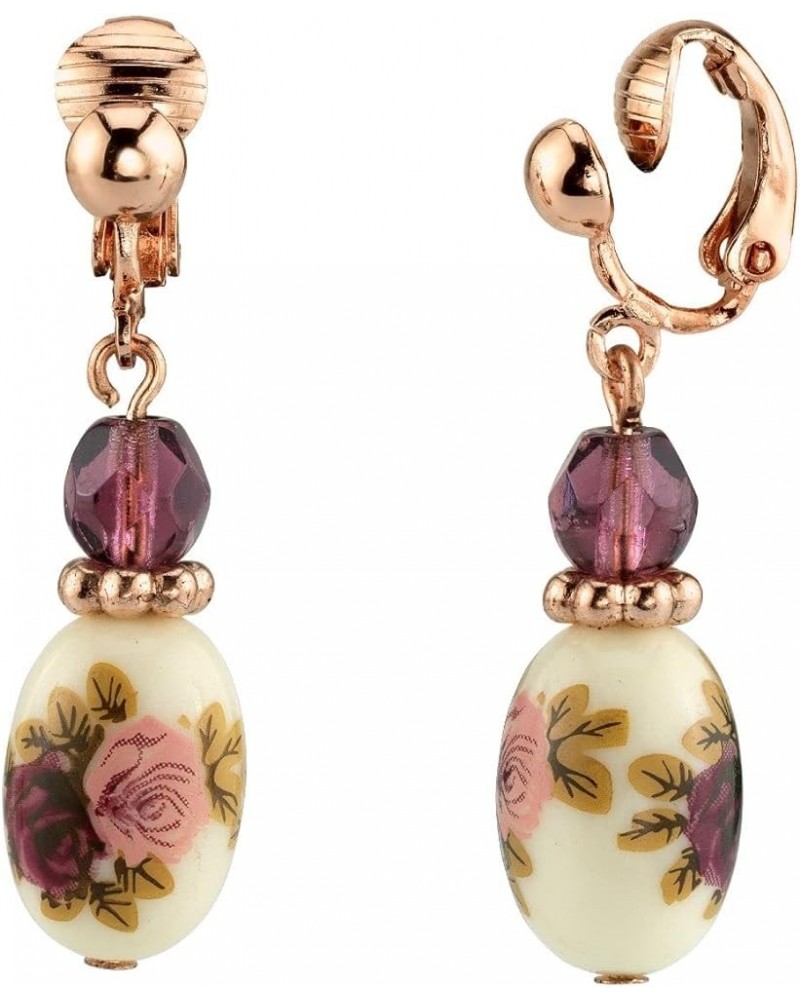 1928 Jewelry Rose Purple Crystal Bead Flower Drop & Dangle Earrings Clip On $15.63 Earrings