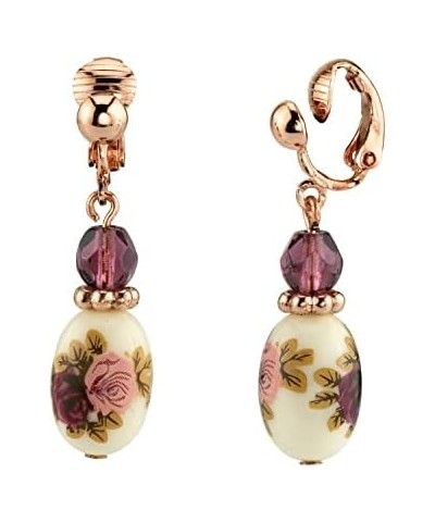 1928 Jewelry Rose Purple Crystal Bead Flower Drop & Dangle Earrings Clip On $15.63 Earrings