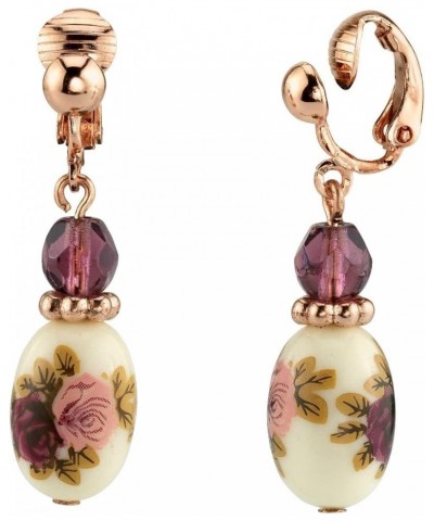 1928 Jewelry Rose Purple Crystal Bead Flower Drop & Dangle Earrings Clip On $15.63 Earrings