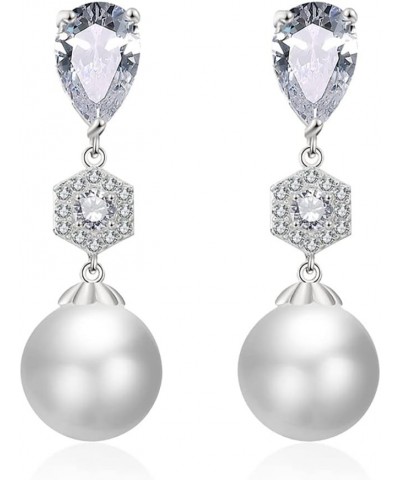 Cubic Zirconia Simulated Shell Pearl Earrings Dangle for Women, Platinum Plated Rhinestones Pearl Earrings Dangling,Bridal Pe...