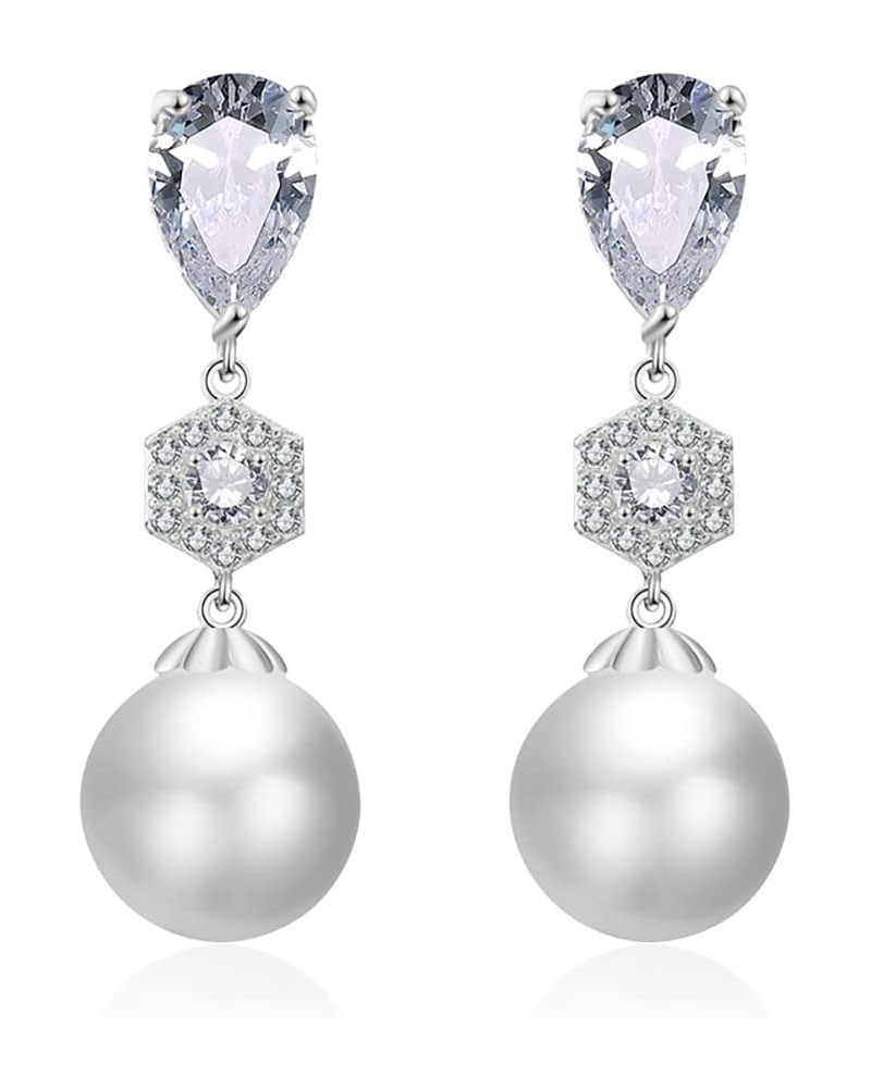 Cubic Zirconia Simulated Shell Pearl Earrings Dangle for Women, Platinum Plated Rhinestones Pearl Earrings Dangling,Bridal Pe...