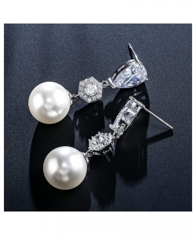 Cubic Zirconia Simulated Shell Pearl Earrings Dangle for Women, Platinum Plated Rhinestones Pearl Earrings Dangling,Bridal Pe...